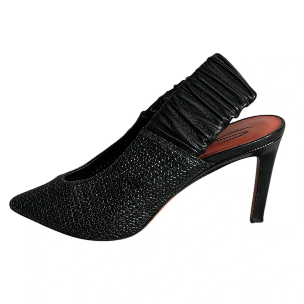 Santoni Black Woven Leather Slingback Heels | Size 36.5 (6.5 US)